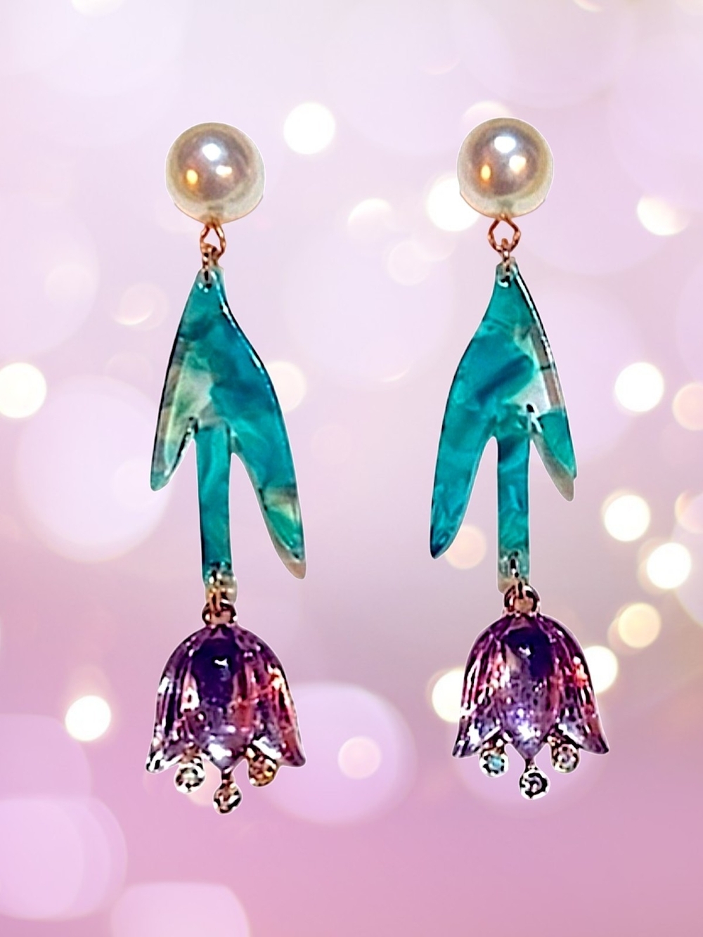 Betsey Johnson Green and Purple Floral Drop Earrings